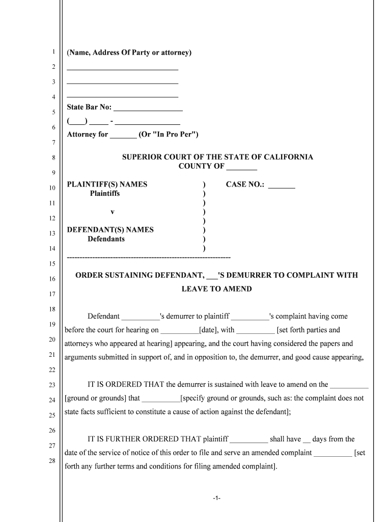 ORDER SUSTAINING DEFENDANT, 'S DEMURRER to COMPLAINT with  Form