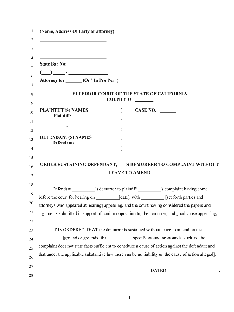 ORDER SUSTAINING DEFENDANT, 'S DEMURRER to COMPLAINT WITHOUT  Form