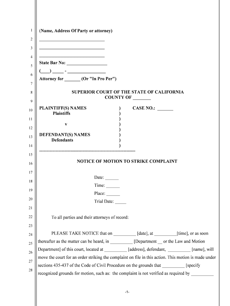 NOTICE of MOTION to STRIKE COMPLAINT  Form