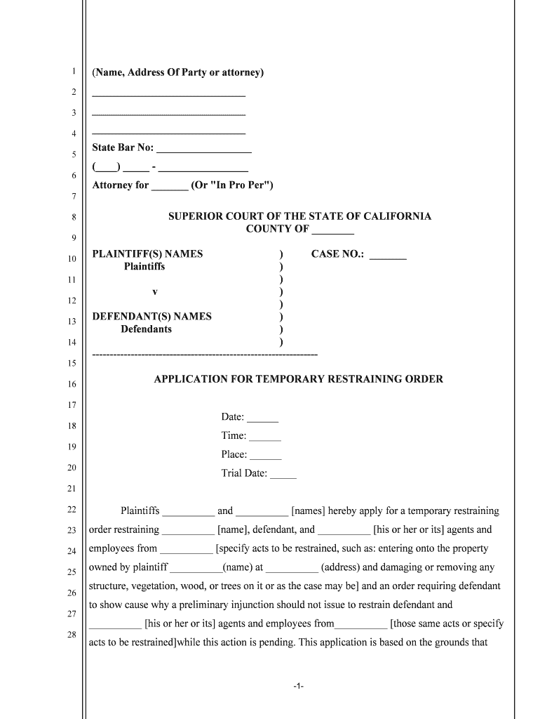 APPLICATION for TEMPORARY RESTRAINING ORDER  Form