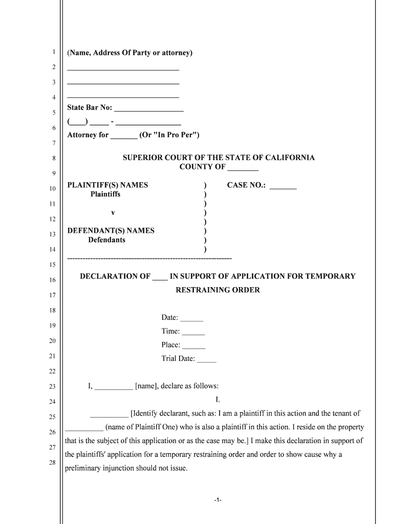 DECLARATION of in SUPPORT of APPLICATION for TEMPORARY  Form