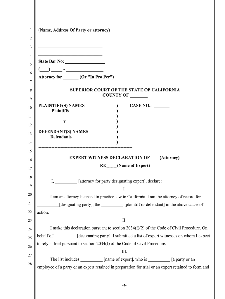 EXPERT WITNESS DECLARATION of Attorney  Form