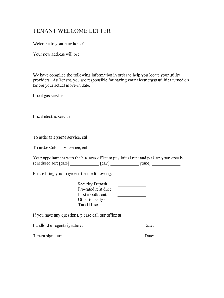 New Tenant Welcome Card Form Fill Out and Sign Printable