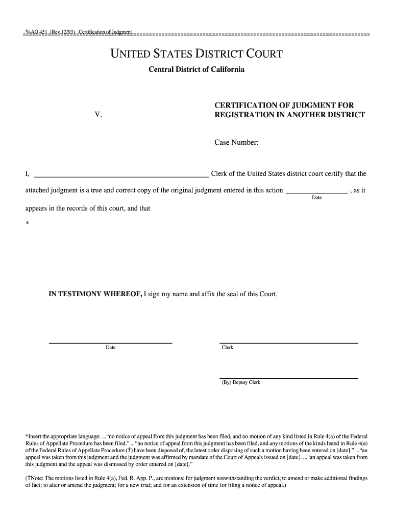 1293 Certification of Judgment  Form