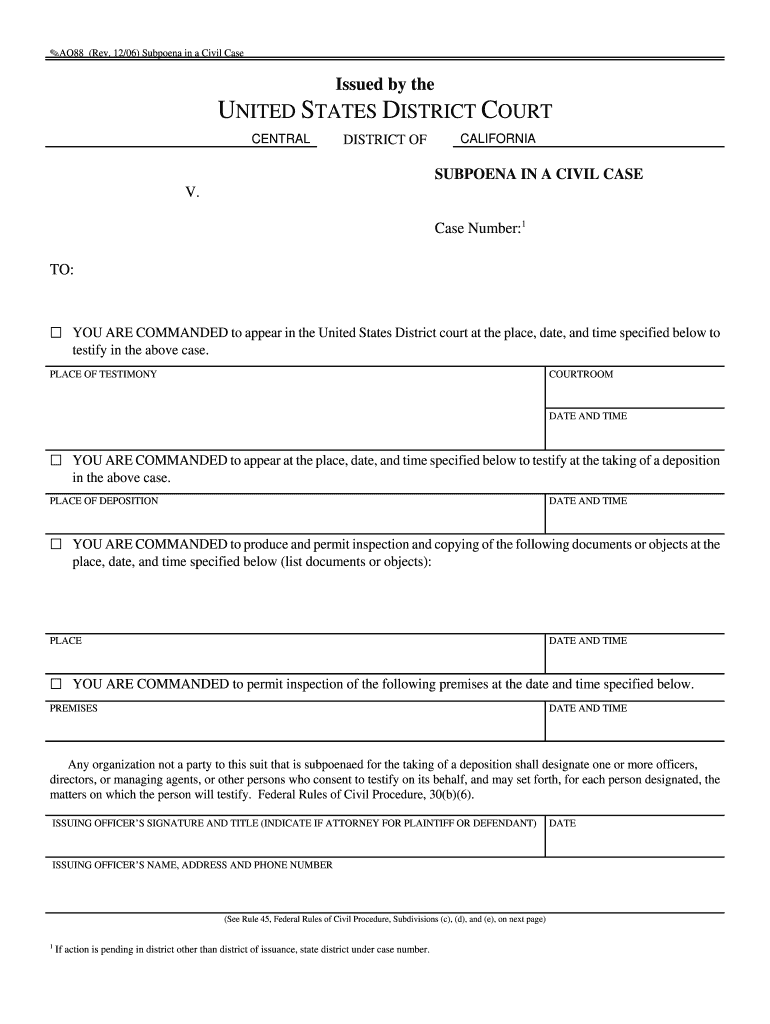 Rule 45 SubpoenaFederal Rules of Civil ProcedureUS  Form