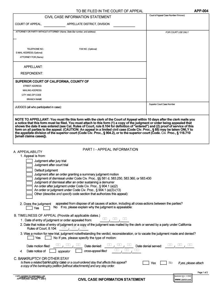 Court of Appeal Case Number If Known  Form