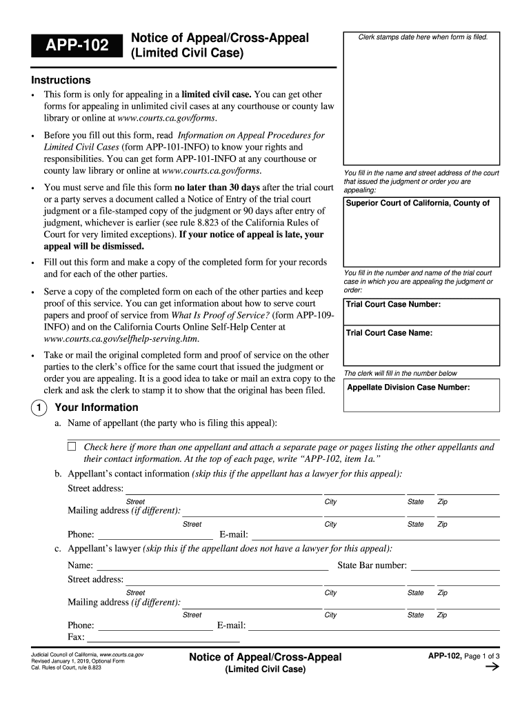 Fillable Online Courts Ca APP 102 Notice of AppealCross  Form