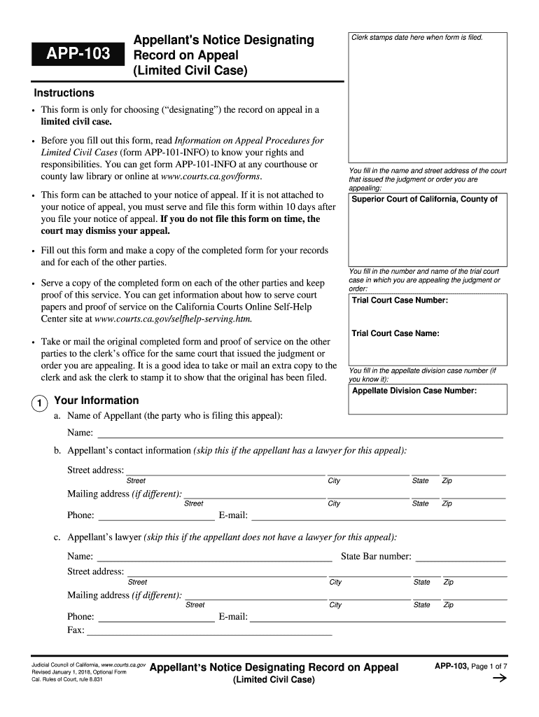 APP 103 Appellant's Notice Designating Record on Appeal  Form