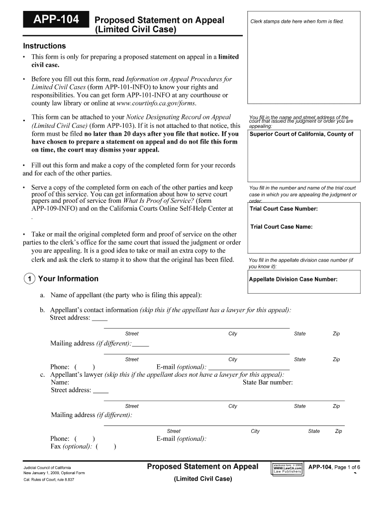 APP 104 Proposed Statement on Appeal Limited Civil Case  Form