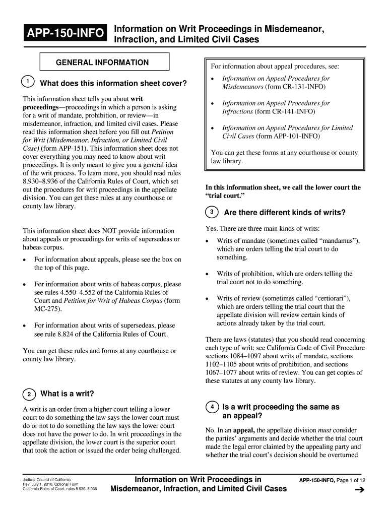 APP 150 INFO Information on Writ Proceedings in Misdemeanor, Infraction, and Limited Civil Cases Judicial Council Forms