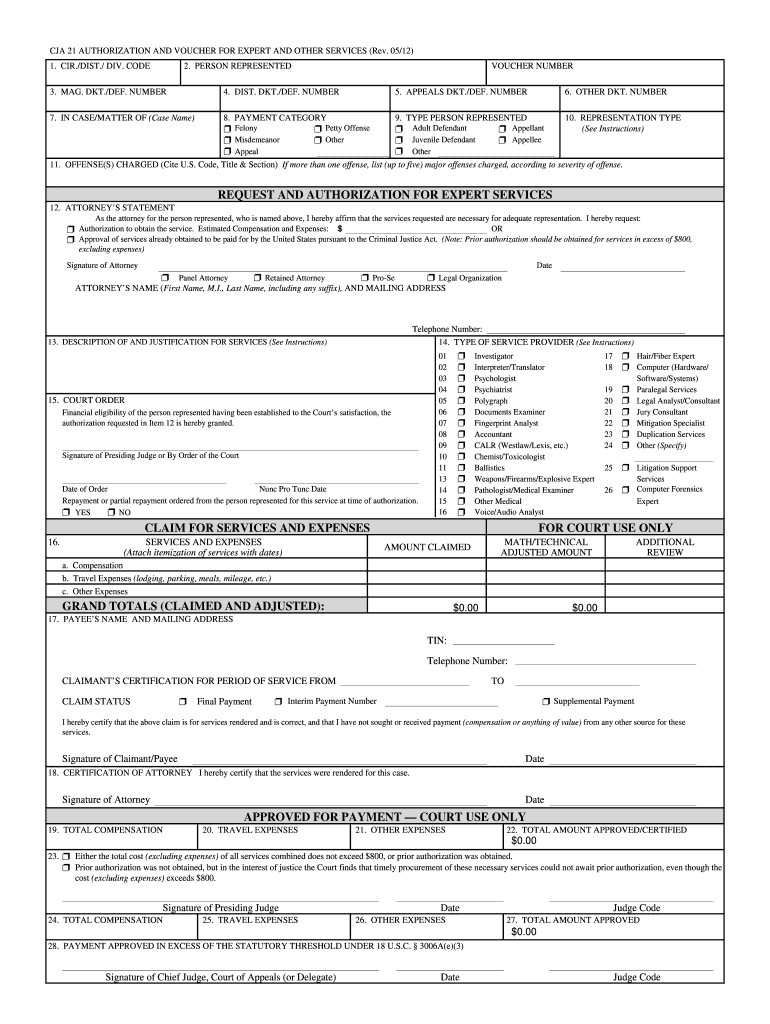 Authorization and Voucher for Expert and Other Services  Form