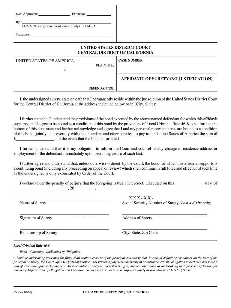 Affidavit of Surety No Justification Central District of California  Form