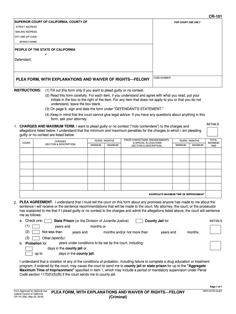 Form CR 101 Plea Form, with Explanations and Waiver of