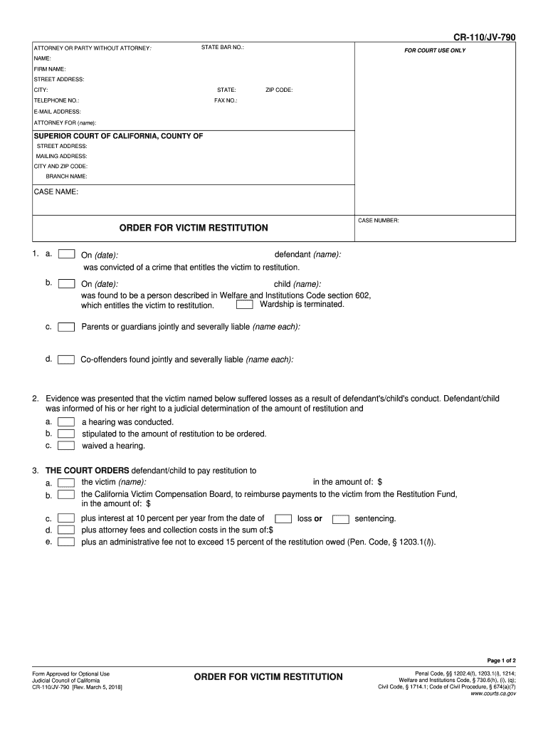 CR 110JV 790 Order for Victim Restitution Judicial Council Form