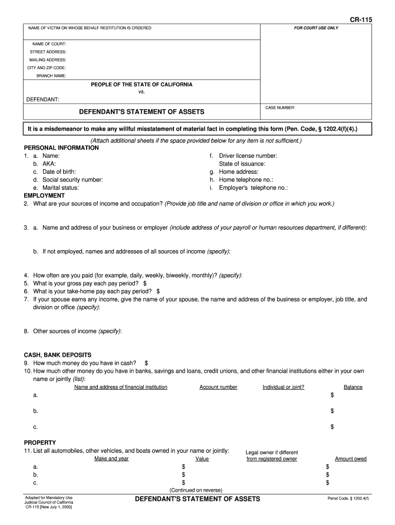 Defendant's Statement of Assets Formdunkmulque