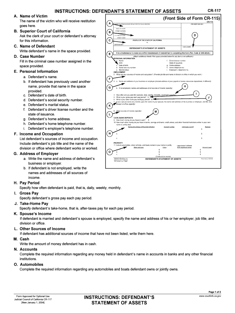 Defendant's Statement of Assets California Courts CA Gov  Form