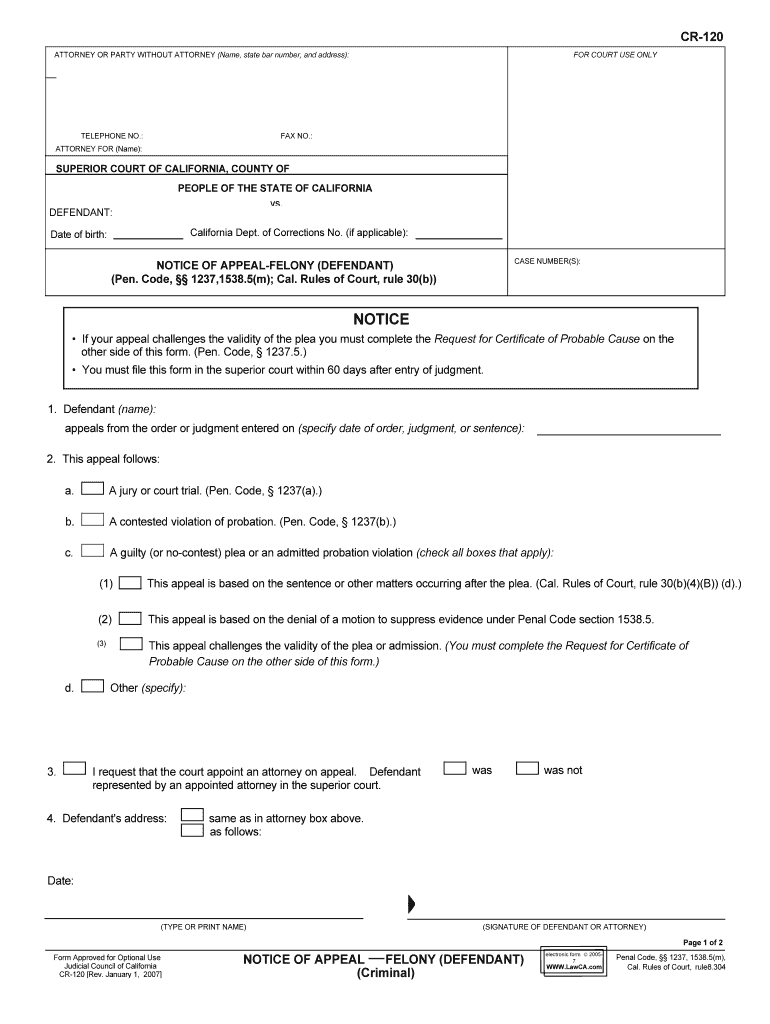 Fillable Online Cal Crim Form Notice of Appeal Penal Code