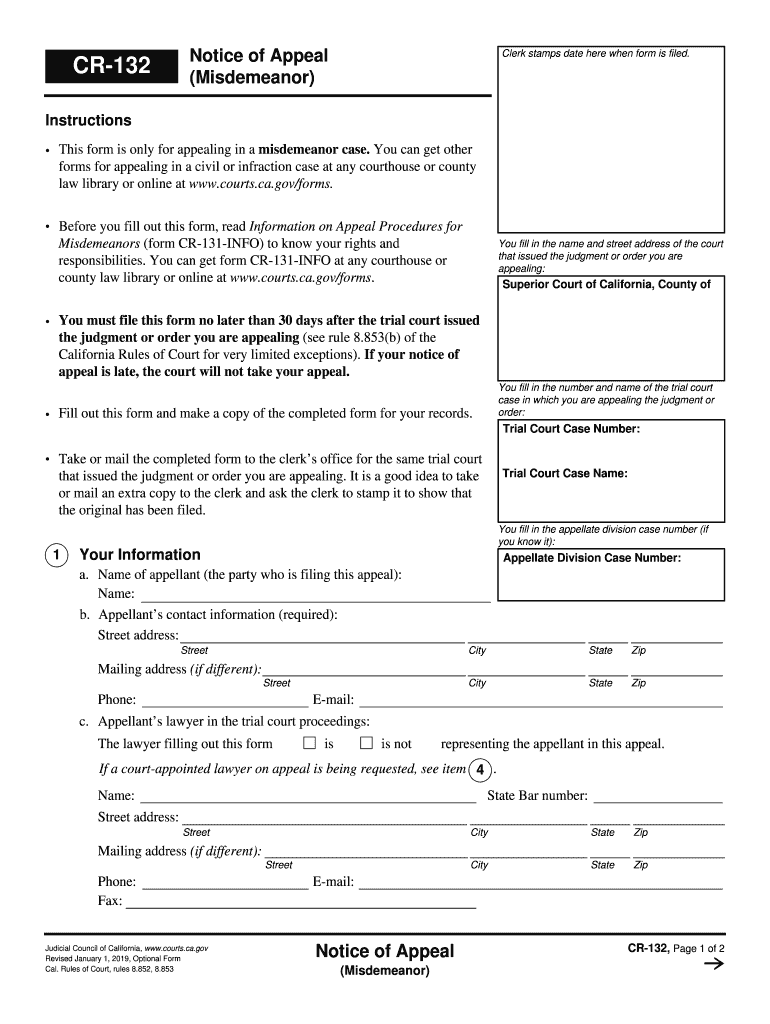 Fillable Online CR 132 Notice of Appeal Misdemeanor  Form