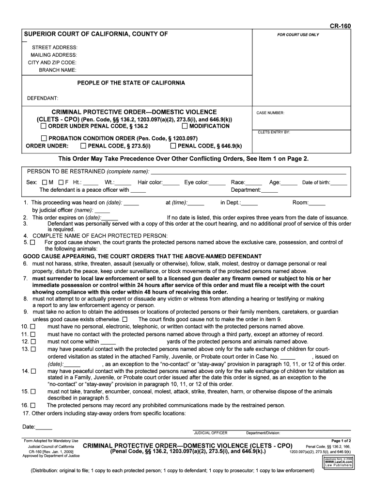 Fillable Online Courtinfo Ca CR 160 CRIMINAL PROTECTIVE  Form