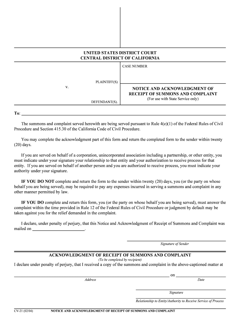 Summons in a Civil ActionCentral District of California  Form