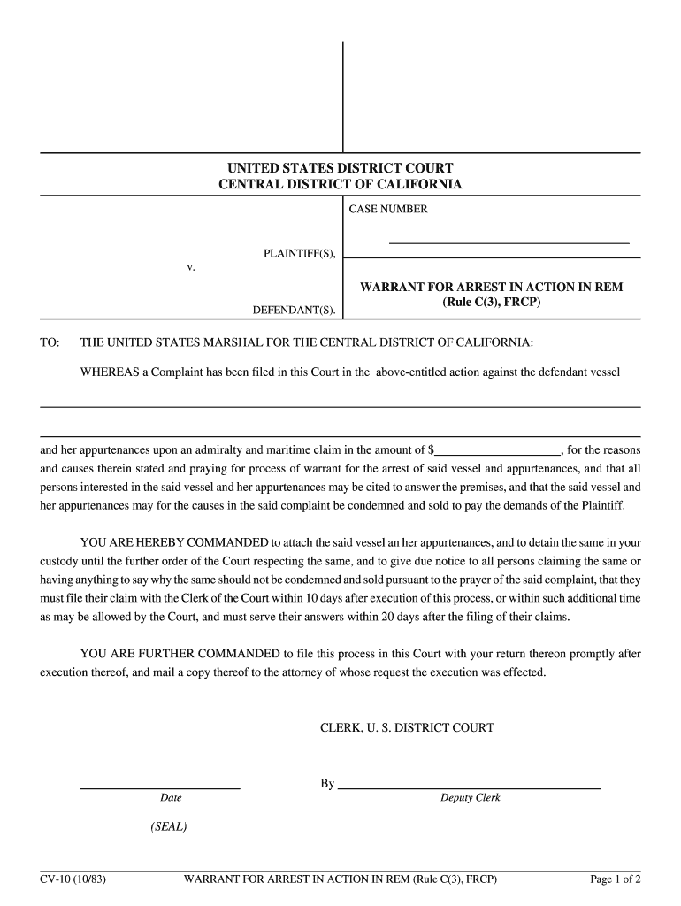 Grace 1 Warrant for Arrest US Department of Justice  Form