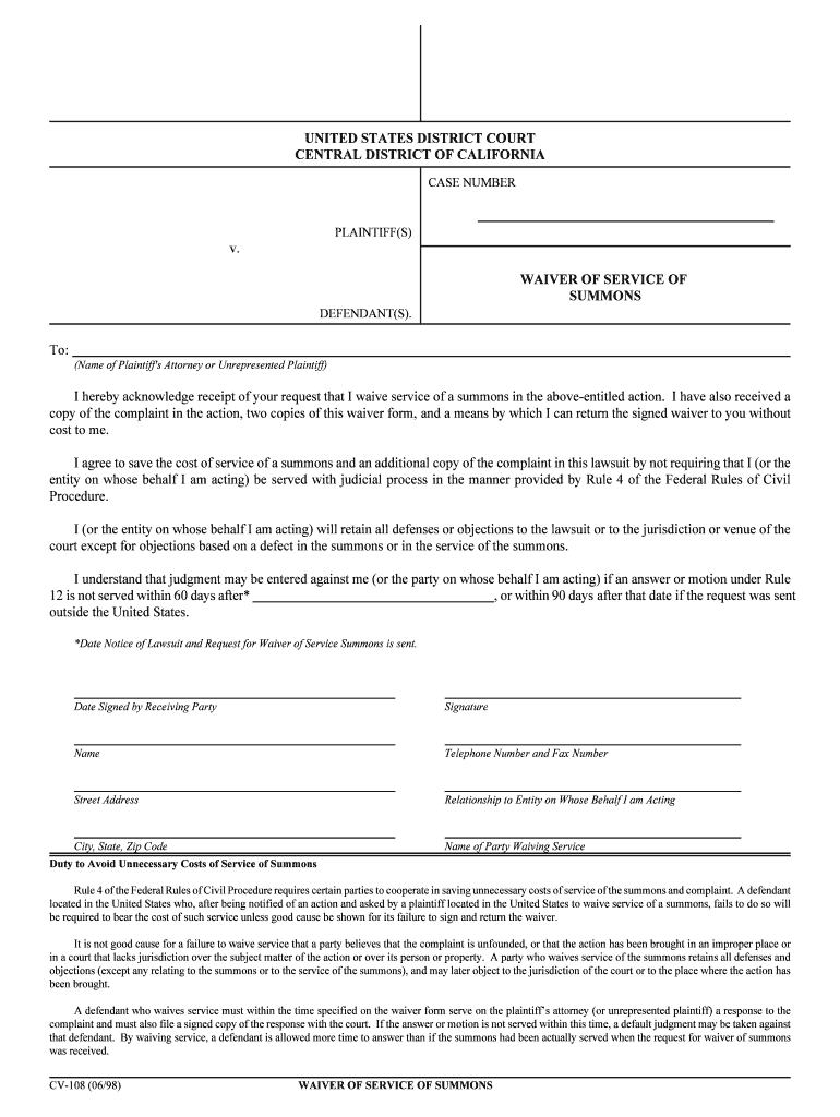 Waiver of the Service of Summons Northern District of  Form