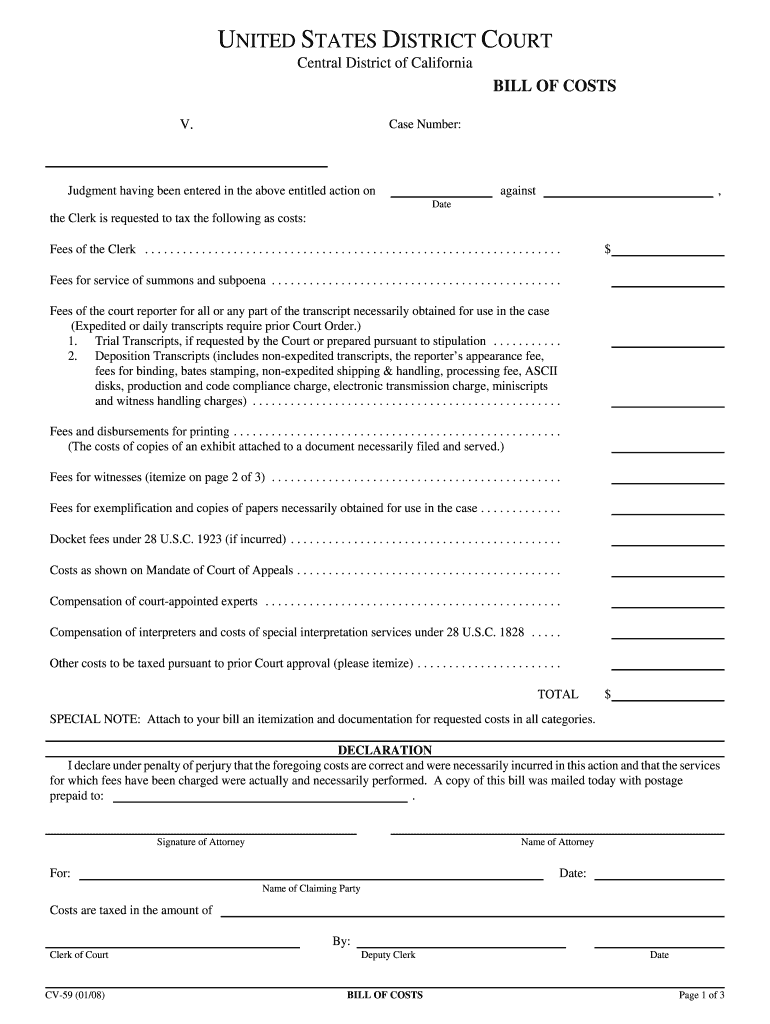 Bill of Costs Official District Court Form Legal Forms