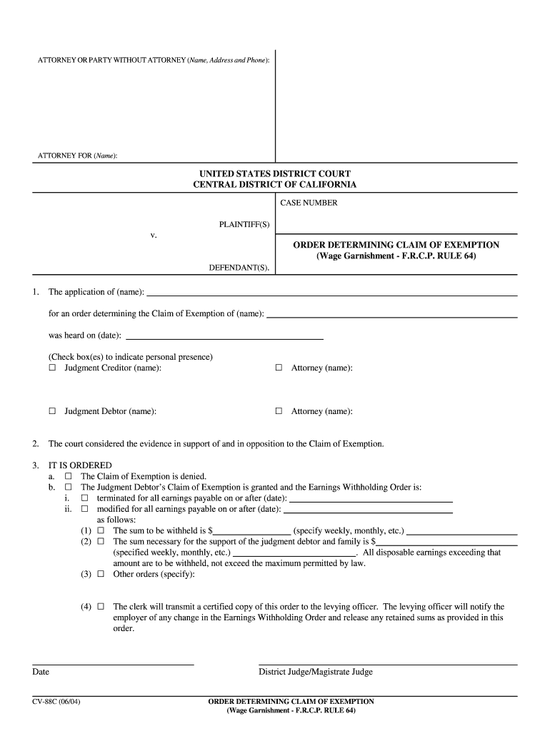 Claim of Exemption and Financial Declaration CV 88G  Form