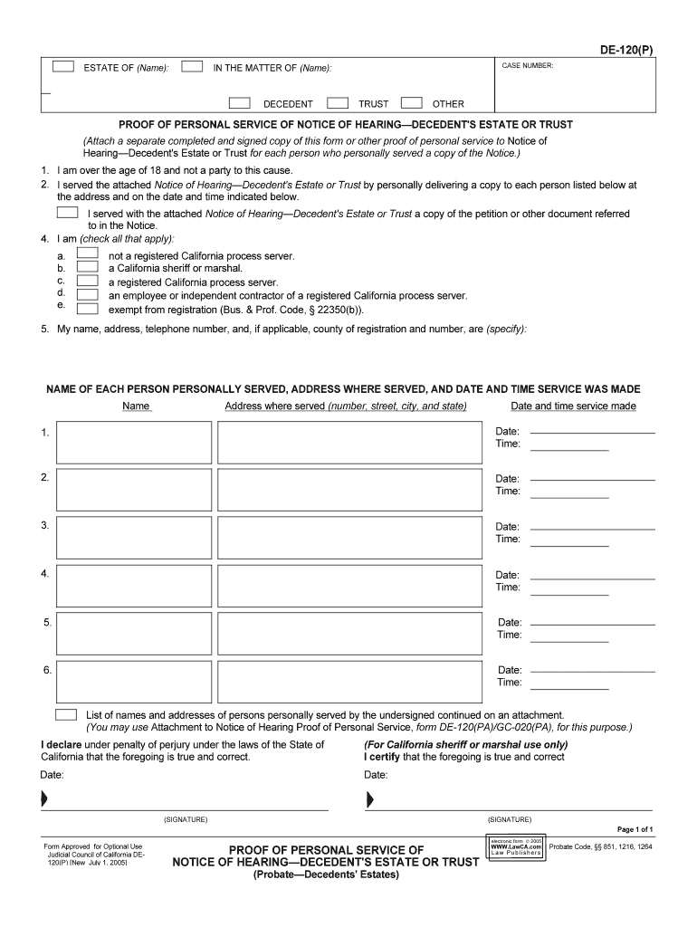 Fillable Online Courts Ca DE 120P Proof of Personal  Form