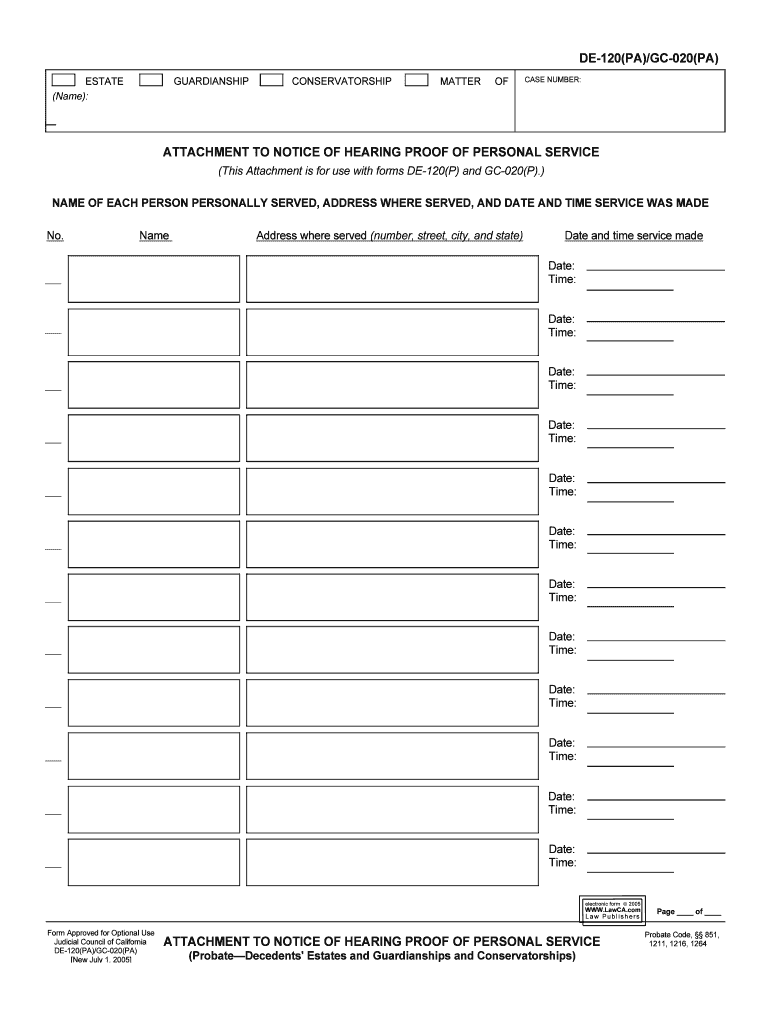 ATTACHMENT to NOTICE of HEARING PROOF of PERSONAL SERVICE  Form