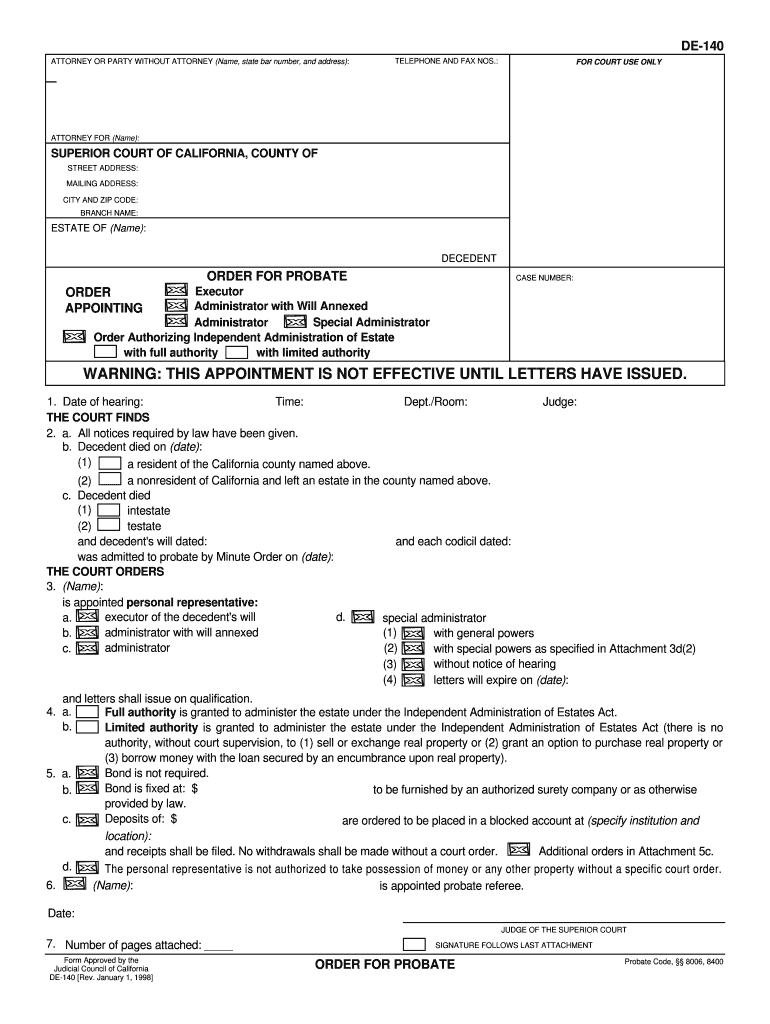 DE 140 California or PARTY WITHOUT ATTORNEY Name, State  Form