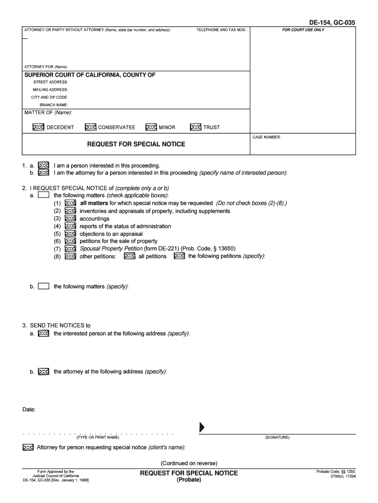 California Request for Special Notice Form DE 154, GC 035 I