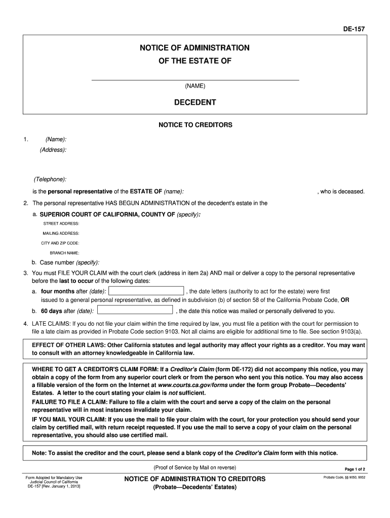 Form DE 157 Notice of Administration to Creditors California