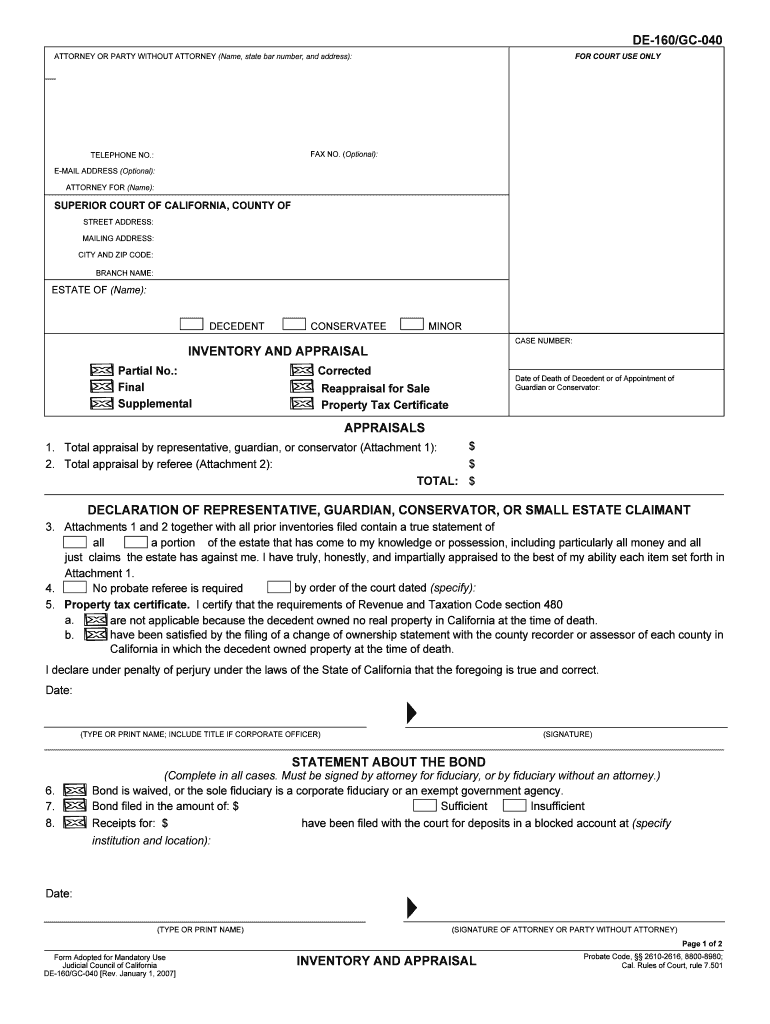 DE 160GC 040 ATTORNEY or PARTY WITHOUT ATTORNEY  Form