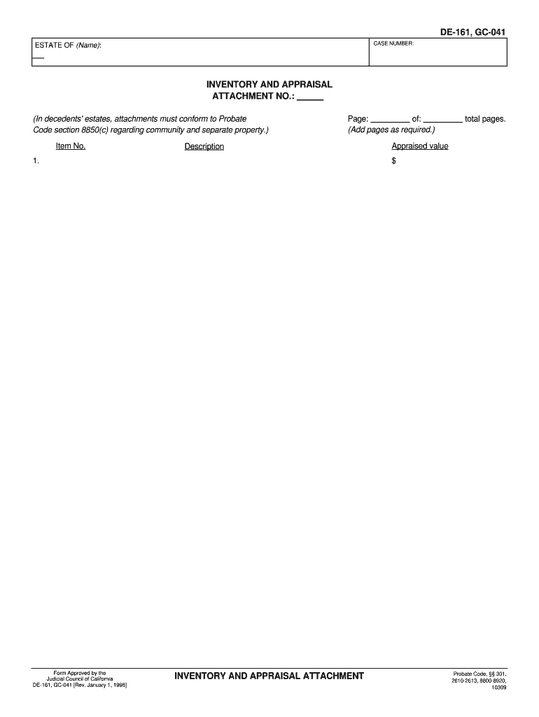 Form DE 161 Form Gc 041 Inventory and Appraisal