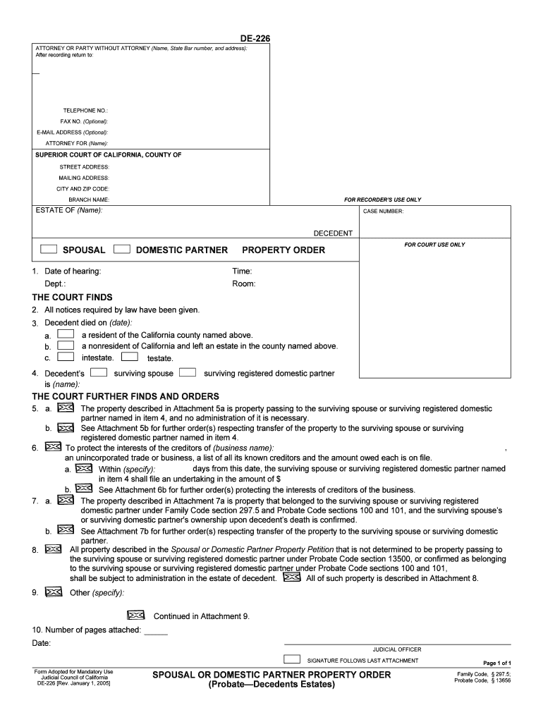 DE 226 PROPERTY ORDER the COURT FINDS the  Form