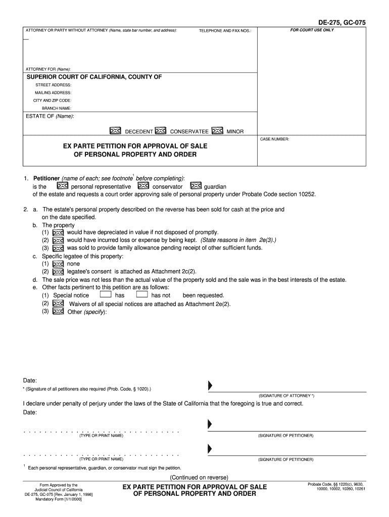 Form DE 275 Download Fillable PDF, Form Gc 075, Ex Parte
