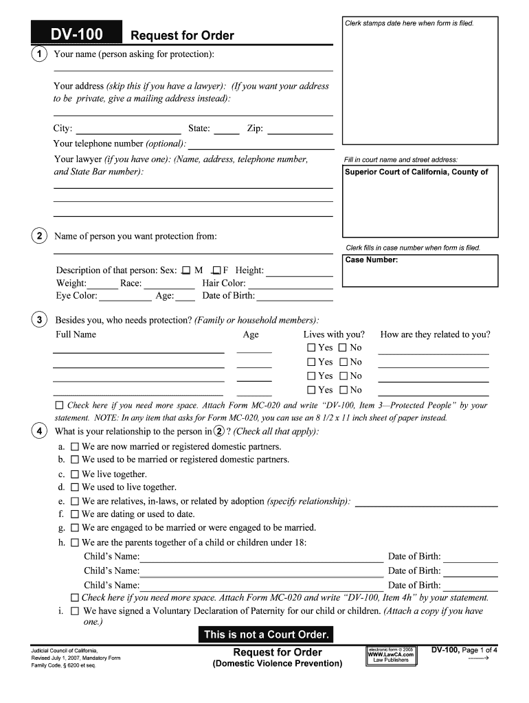 DV 100 Request for Domestic Violence Restraining Order  Form