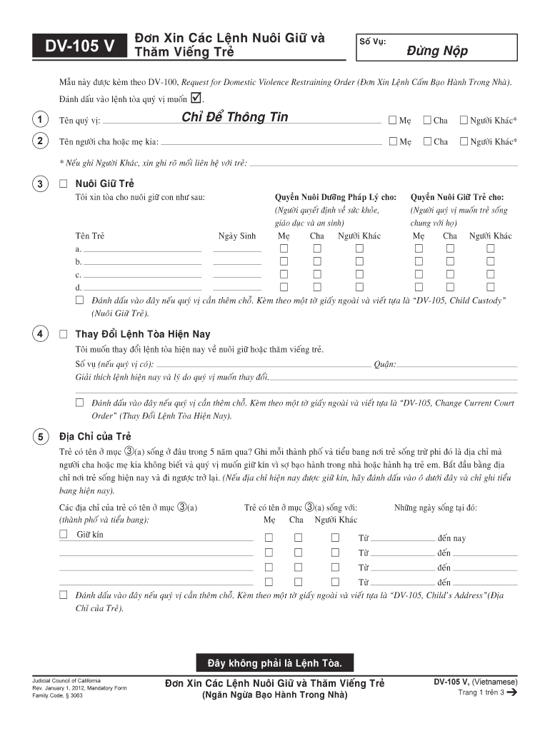 DV 105 Request for Child Custody and Visitation Orders Vietnamese Judicial Council Forms