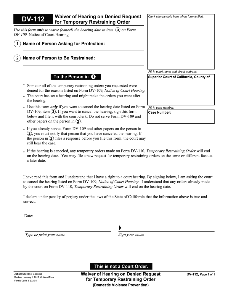 DV 112 Waiver of Hearing on Denied Request for Temporary  Form
