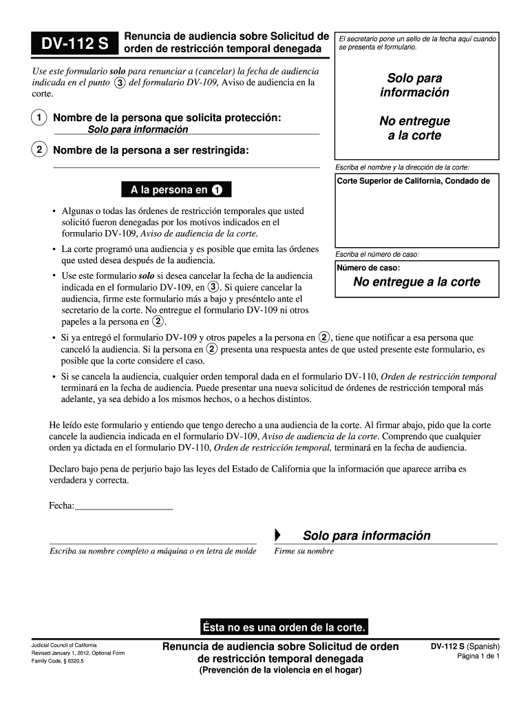 DV 112 S Waiver of Hearing on Denied Request for Temporary Restraining Order Spanish Judicial Council Forms