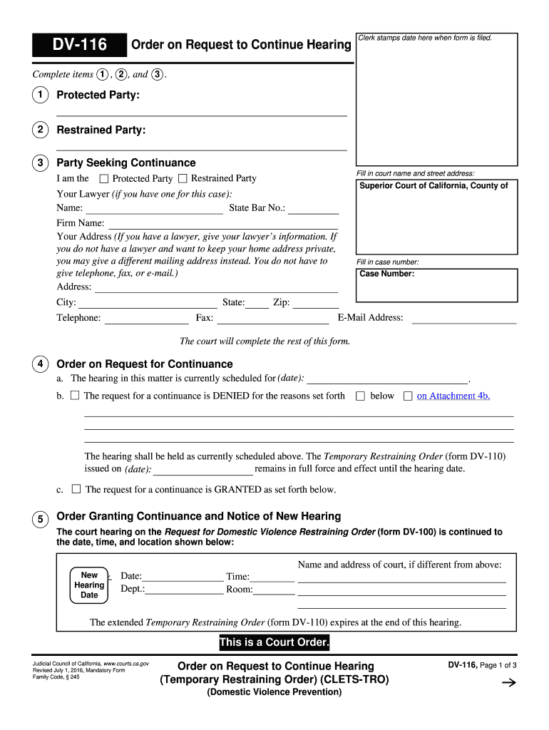 DV 116 Order on Request to Continue Court Hearing Judicial Council Forms