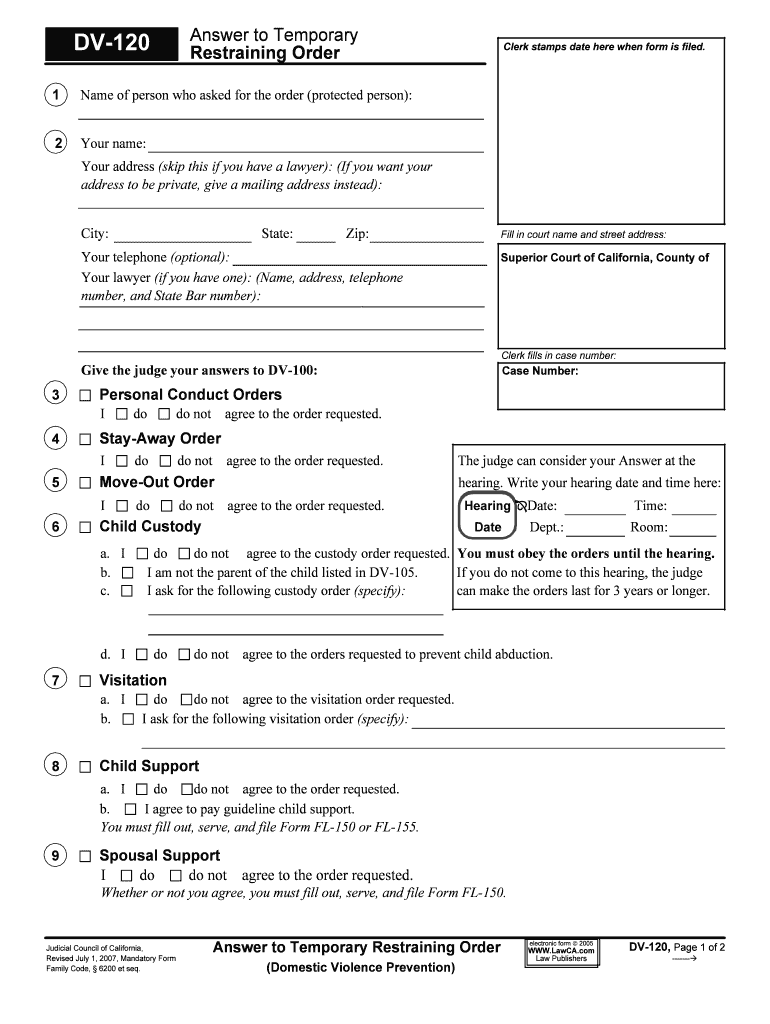 DV 120 Response to Request for Domestic Violence  Form