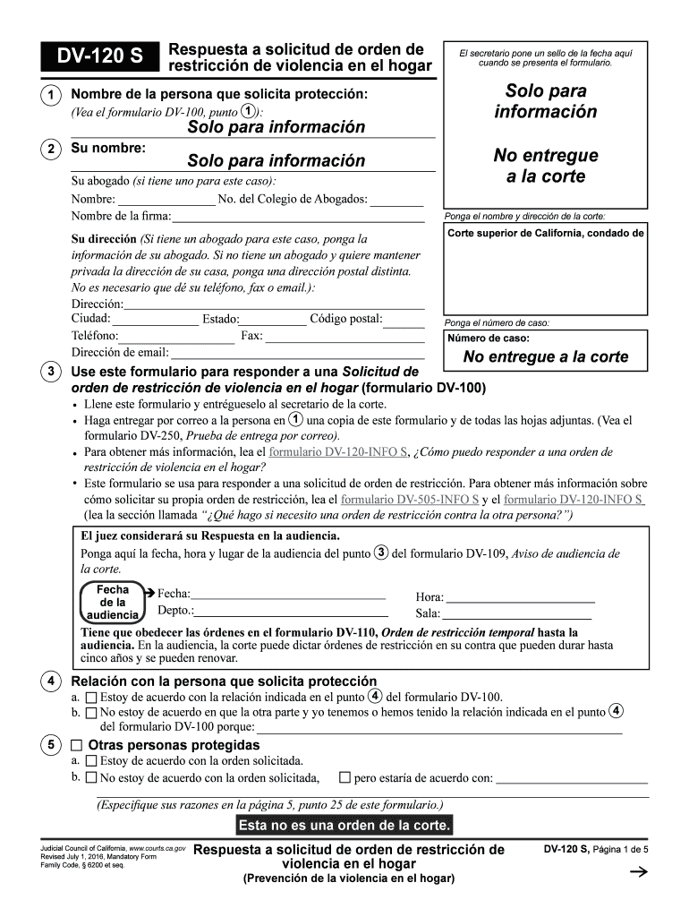 DV 120 S Response to Request for Domestic Violence Restraining Order Spanish Judicial Council Forms