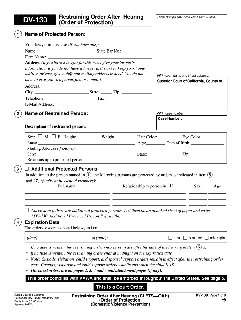 DV 130 Restraining Order After Hearing Order of Protection  Form