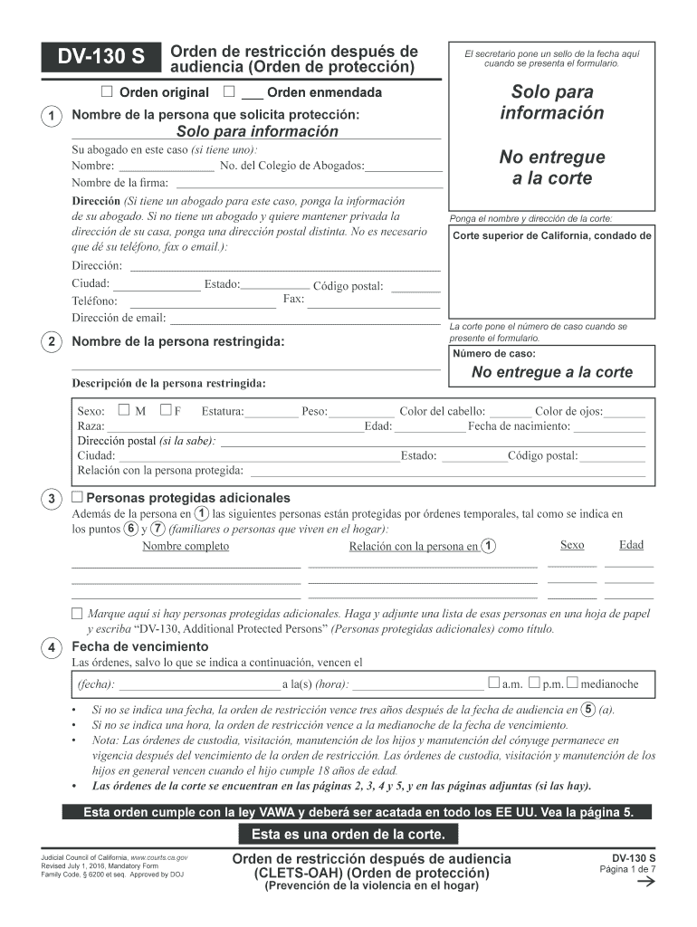 DV 1030 S Restraining Order After Hearing CLETSOAH Spanish Judicial Council Forms