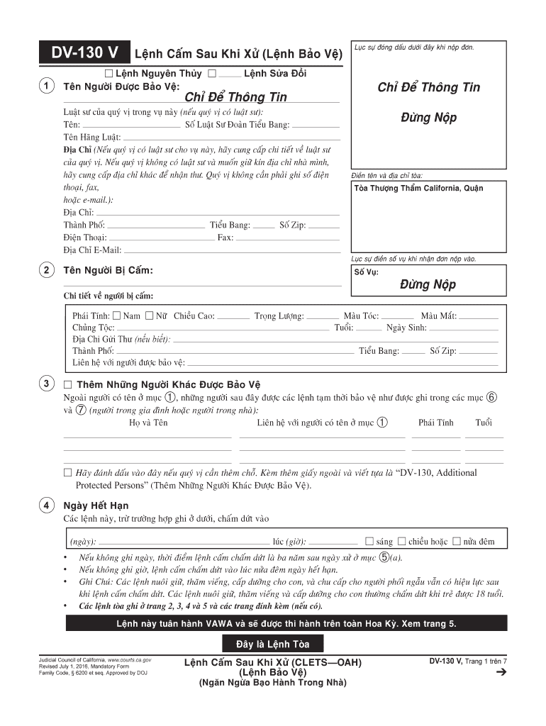 DV 130 V Restraining Order After Hearing CLETSOAH Vietnamese Judicial Council Forms