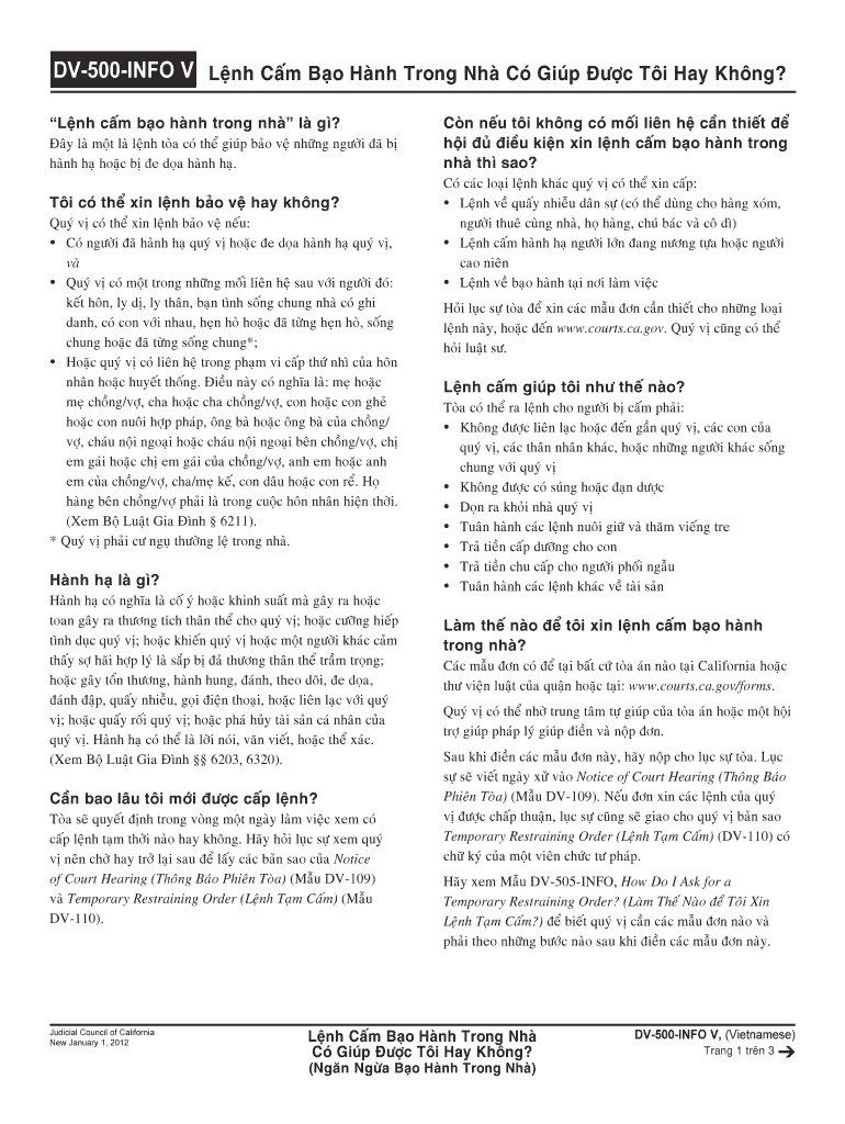 DV 500 INFO Can a Domestic Violence Restraining Order Help Me? Domestic Violence Prevention Vietnamese Judicial Council Forms