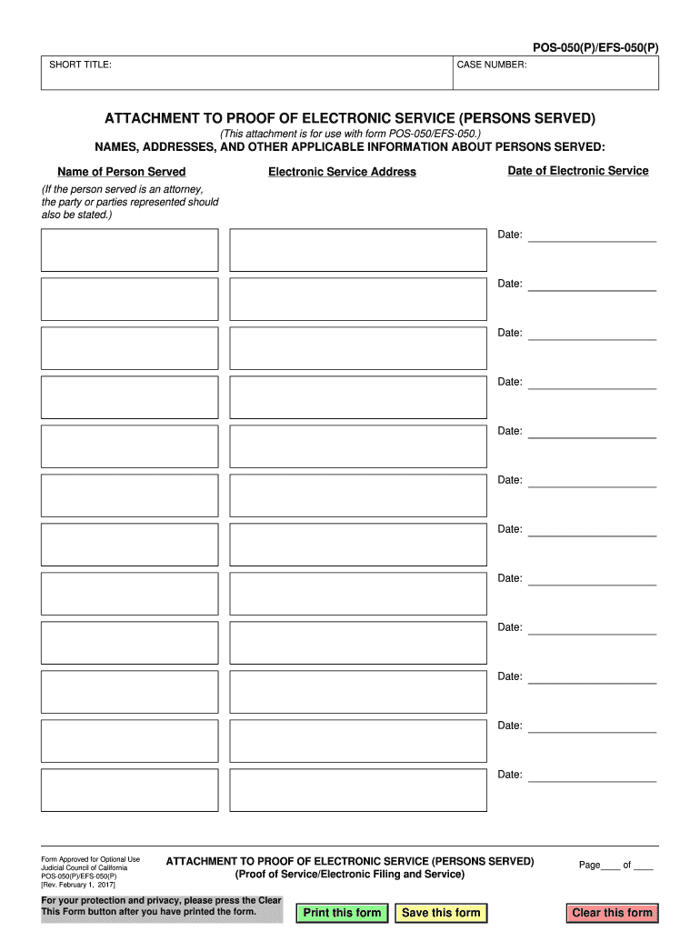 POS 050P EFS 050P Attachment to Proof of Electronic Service Persons Served Proof of ServiceElectronic Filing and Service Judicia  Form