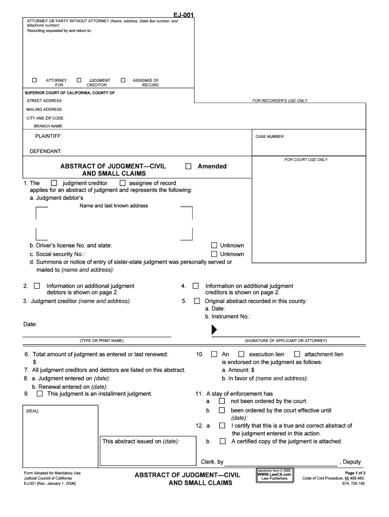 EJ 001 Abstract of Judgment Civil and Small Claims  Form